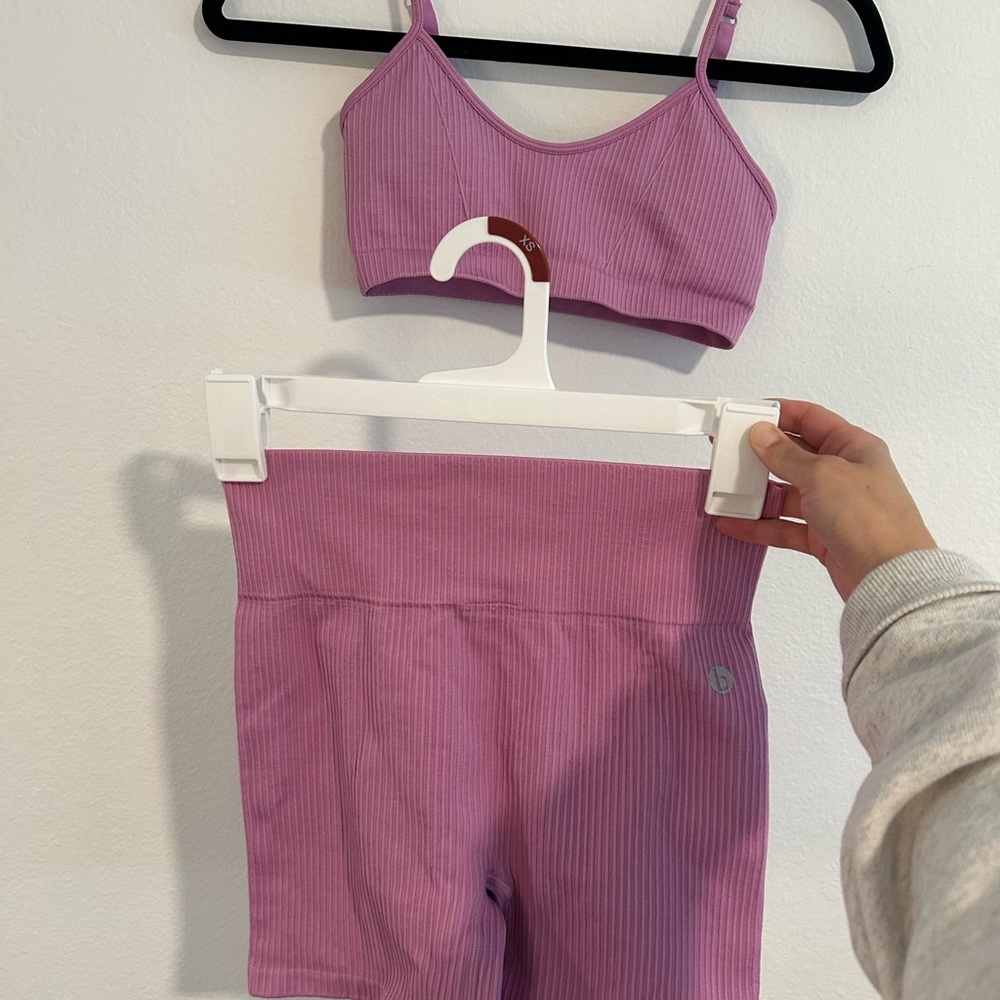 Purple Ribbed Sports Bra and Shorts Set